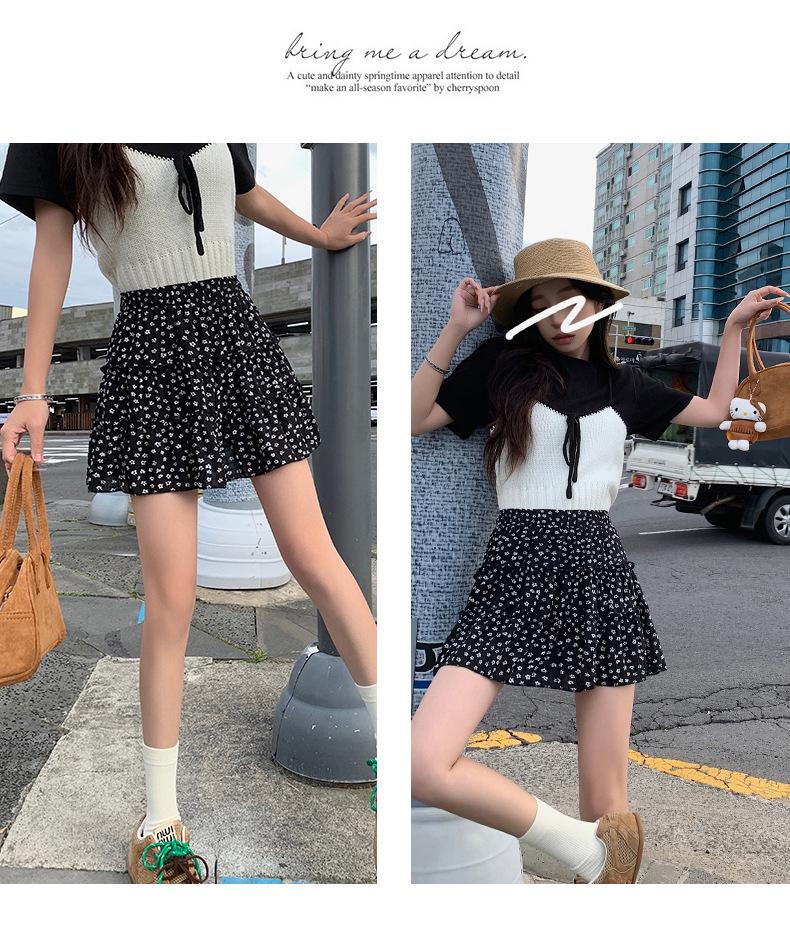 Women's French Floral A-line Cake Skirt - Summer Korean Style, High Waist, Slimming, Elastic Waist, Petite Half Skirt