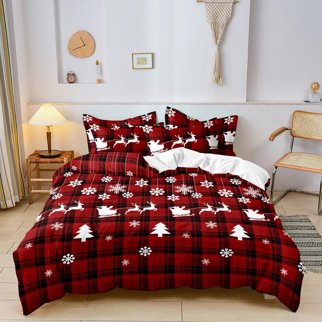 3pcs Down Elk Snowflake Christmas Theme Square Grid Quilt Cover Set Soft Microfiber Checkered Bedding Bedroom Decor