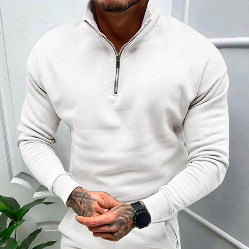Autumn and Winter Men's Casual Padded Solid Colour Long-sleeved Half Zip POLO Stand-up Collar Top Man