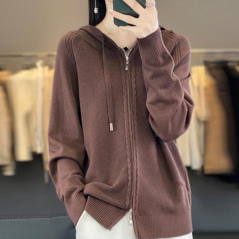 Autumn and Winter Hooded Casual Knitted Cardigan Simple Fashion Style Loose Knitted Sweater