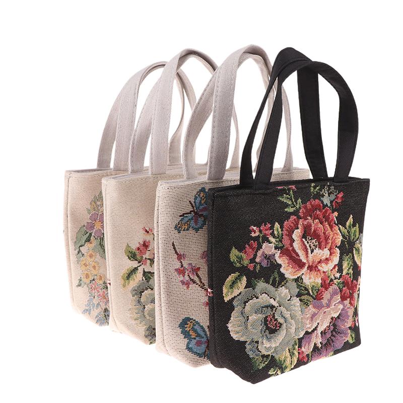 Embroidery Canvas Bag Cute Butterfly Rabbit Peony Tote Bag Small Shoulder Traveling Pouch Handbag Grocery Storage Bag