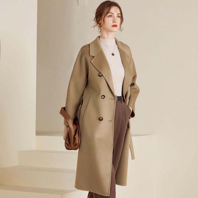 Women's Extra Long Double-Breasted Wool Coat with Tie Waist - Autumn/Winter Collection