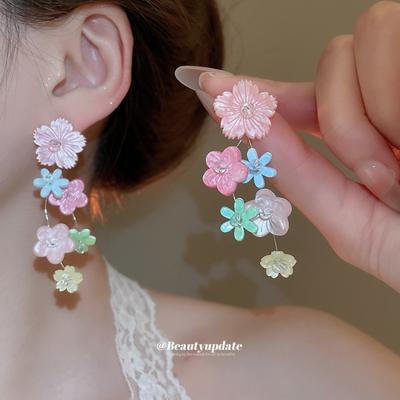 Flowers by the Ear~ Silver Needle Resin Colored Flower Fringed Stud Earrings Sweet Princess Style Earrings Fashionable Versatile Earrings