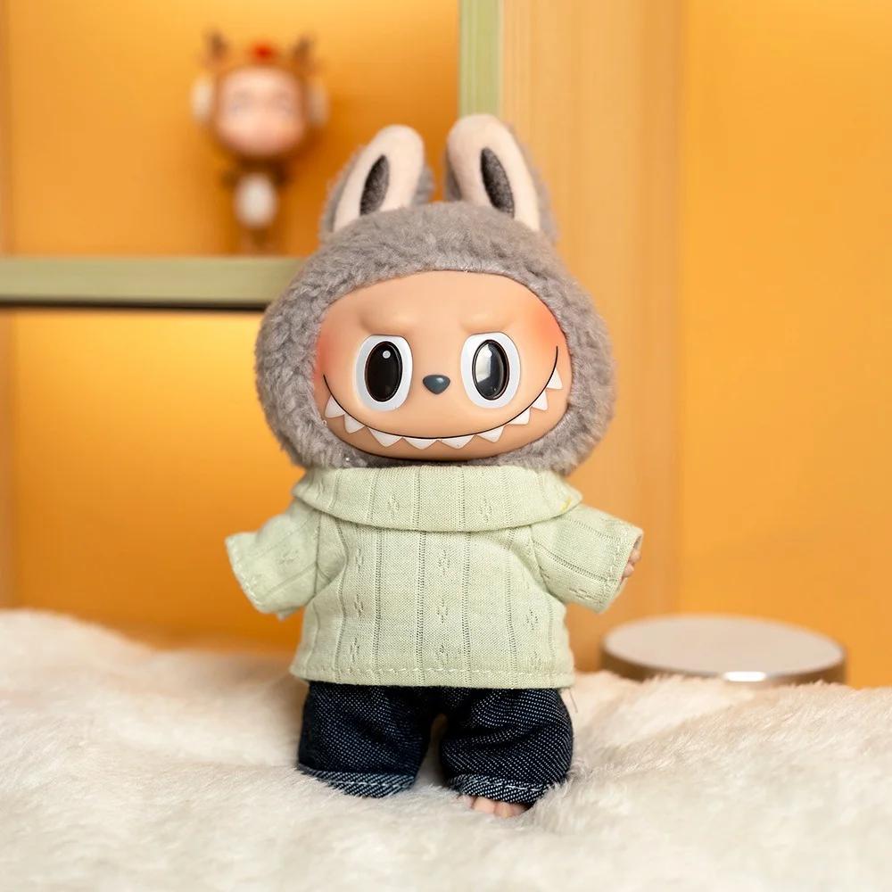 17cm Cute Mini Plush Doll's Clothes Outfit Accessories For Labubu Idol Dolls Lapel T-shirt And Jeans Two-piece Set DIY Girl Gift