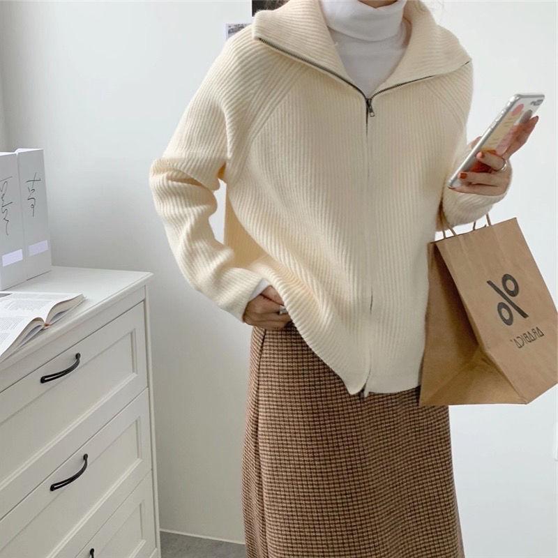 Cardigan Maglioni Casual a Maglia Donna Autunno Inverno Vintage Zip-up Monocolore Larghi Manica Lunga Top Maglieria Chic Kpop