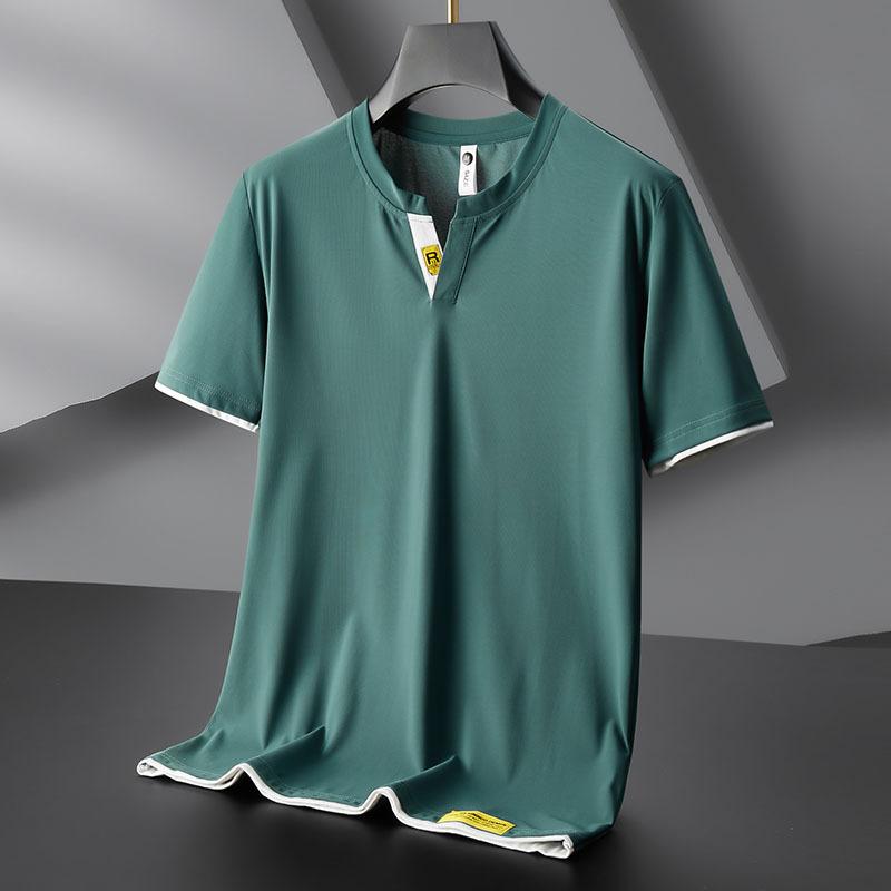 Camiseta de manga corta de seda de hielo para hombre, camisa fina y transpirable de verano, ropa deportiva de secado rápido con cuello en V