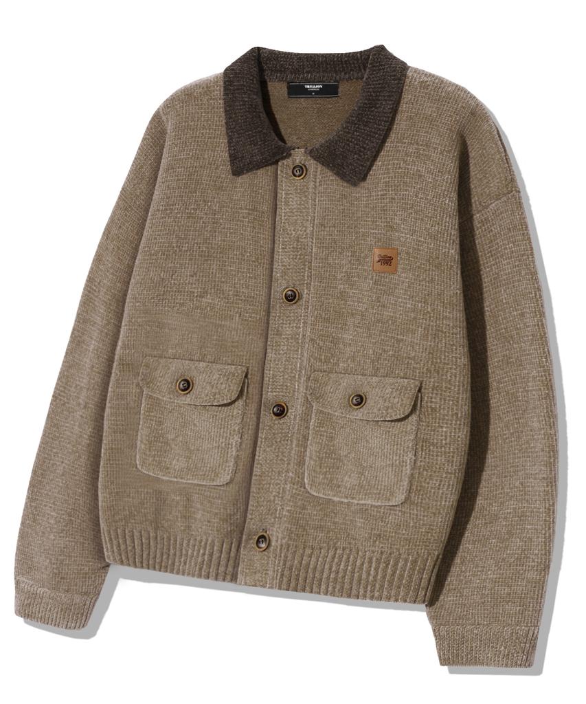 TRILLION Leather Patchwork Velvet Cardigan Knit_Beige