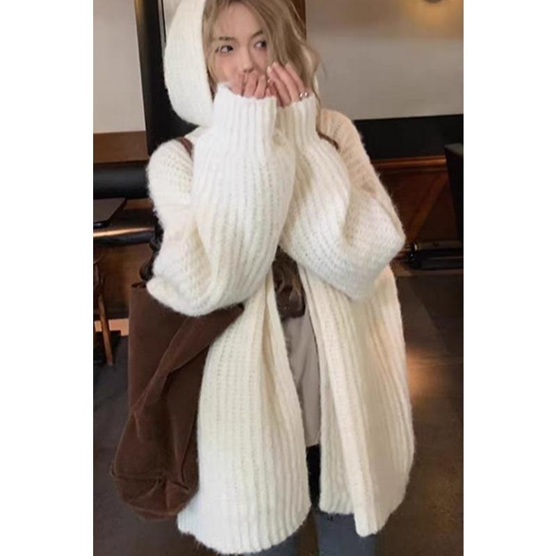 Fashion Loose Cardigan Knitted Hooded Women Sweater Solid Color Casual Coats Lantern Long Sleeves Office Large Knit Jacket Top Clothing