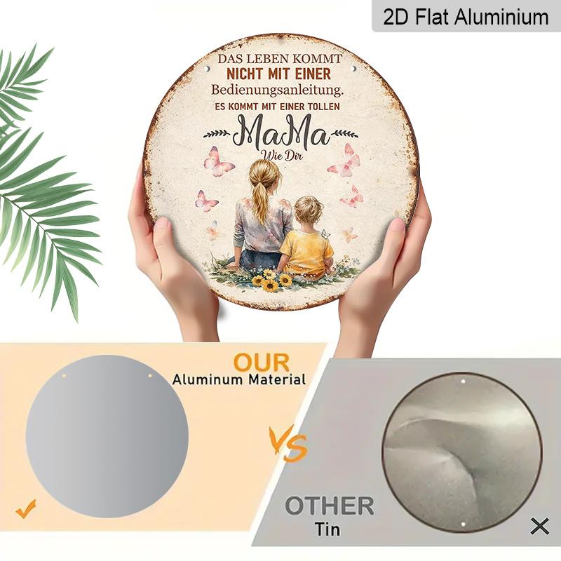 2D Flat, 1pc Round Aluminum Hanging Sign - German "Mama" Quote Watercolor Mom & Child Vintage Metal Wall Art, Butterfly Sunflower Design, Perfect for