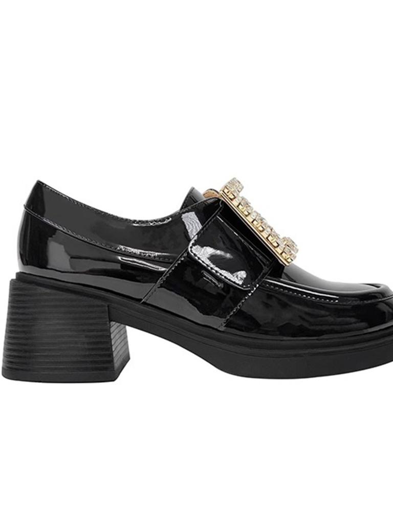 Square Buckle Platform Loafers Women's 2025 New Autumn Leather Thick High Heel Black High-end British Style Small Leather Shoes