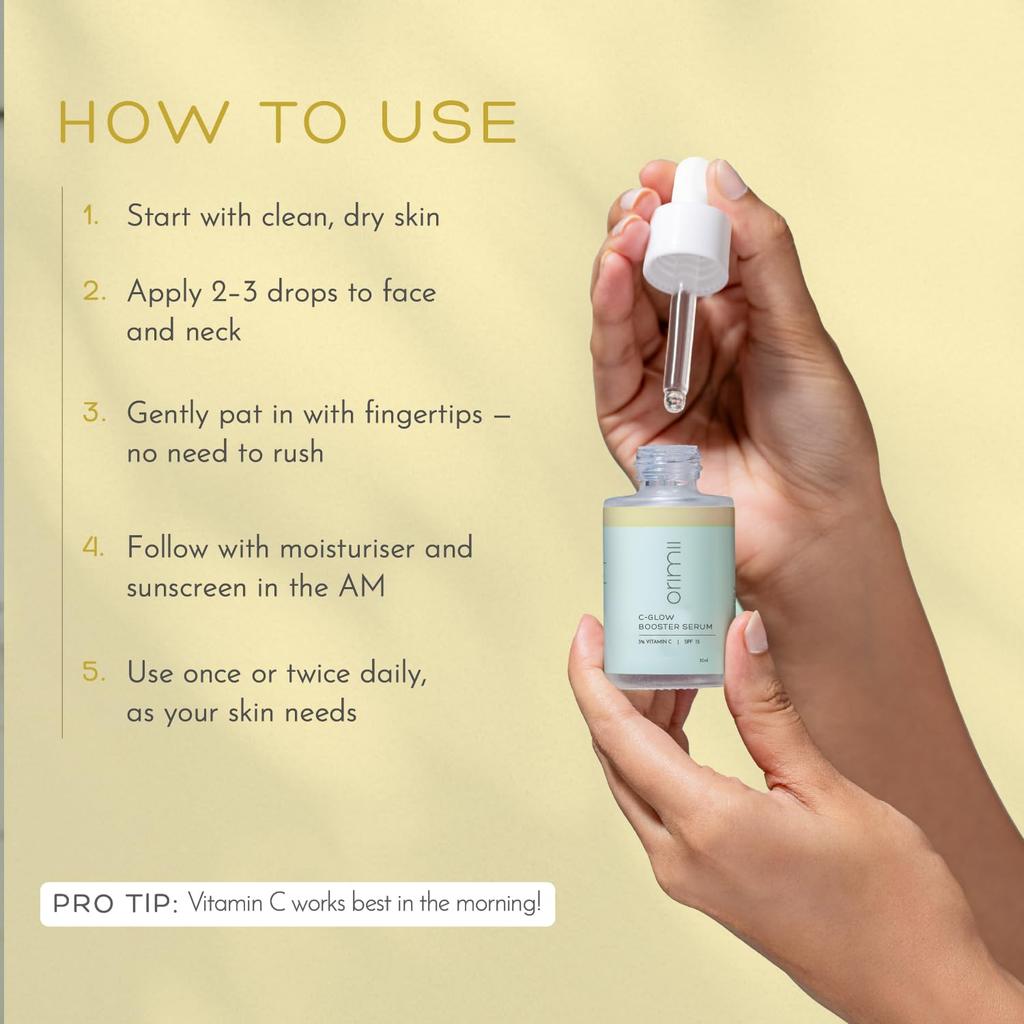 Orimii C-Glow Booster Serum 30ml 1er-Pack | 3% Vitamin C Aufhellendes Gesichtsserum mit LSF 15 für Hydratisierten, Gleichmäßigen Hautton