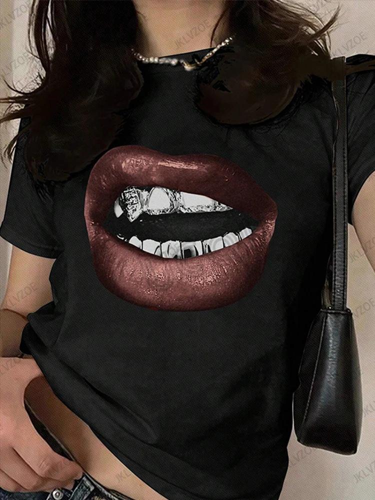 Summer Sporty T-Shirts Lip Printed Female Clothing Short Sleeve O-neck Tees Funny Women T Shirt Vintage Unisex Tops