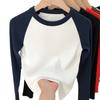 Vintage Color Block Raglan High Waist Long Sleeve Cotton T Shirt For Women
