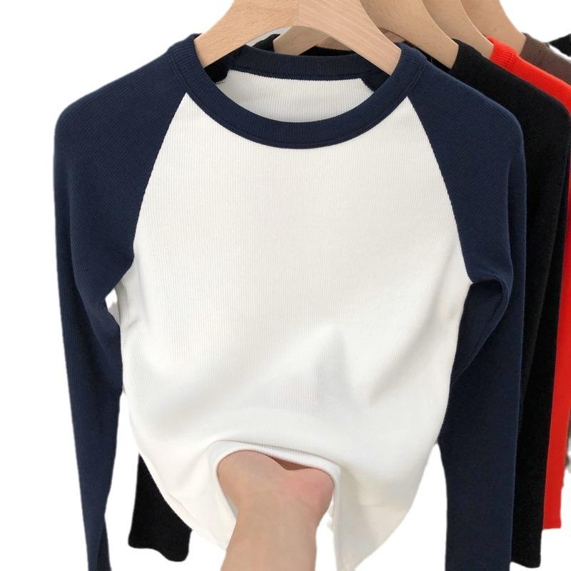 Vintage Color Block Raglan High Waist Long Sleeve Cotton T Shirt For Women