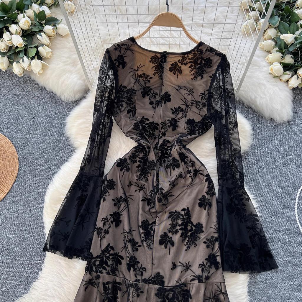 Summer Elegant Embroidery Flower Mermaid Evening Party Dress Women Long Flare Sleeve Cup Padded V Neck One Piece Mesh Folds Prom Robe