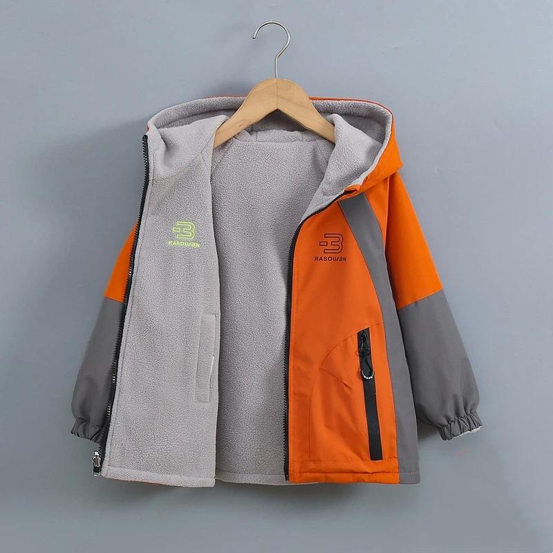 

Kids Reversible Hooded Jacket Boys Girls Waterproof Windbreaker Fleece Lined Color Block Outerwear For Spring Autumn 180cm