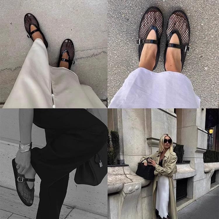 French Hollow Ballet Shoes Women's Flat Bottom One-word Buckle Metal Mesh Mary Jane Shoes Women's Niche Design Single Shoes