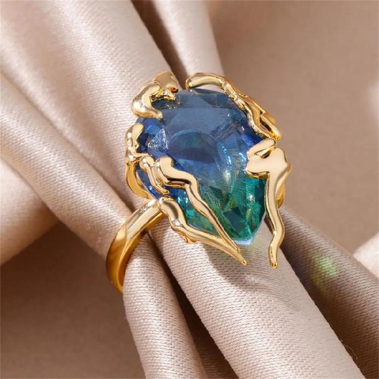 Fashionable Flame Teardrop Open Ring Blue Green Gradient Cubic Zirconia Lightweight Everyday Wear Jewelry Gift