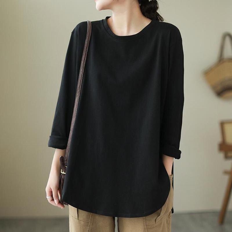 

Хлопковая толстовка свободного покроя большого размера с длинными рукавами, удобная однотонная рубашка с круглым вырезом в литературном стиле, повседневный топ XXXXL чёрный