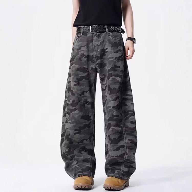 American Retro Camouflage Wide-leg Jeans Men's Trendy Brand Scimitar Logging Pants Loose Tooling Straight Casual Long Pants
