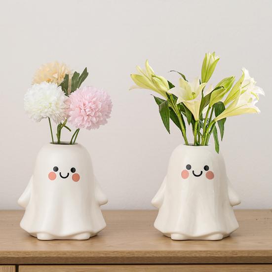 Ghost Shape Vase with Smile Face Pattern Ceramic Flower Planter Pot Nursery Room Bedroom Home White Decor