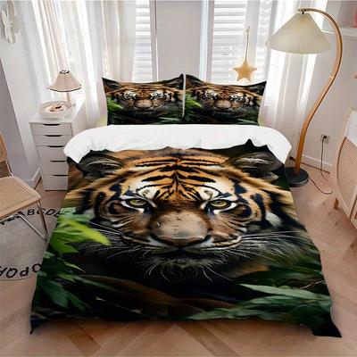 3Pcs Tiger Print Printed Bedding Set, Breathable And Soft,(Includes 1 Duvet Cover And 2 Pillowcases, Quilt Not Included) Yy250815181