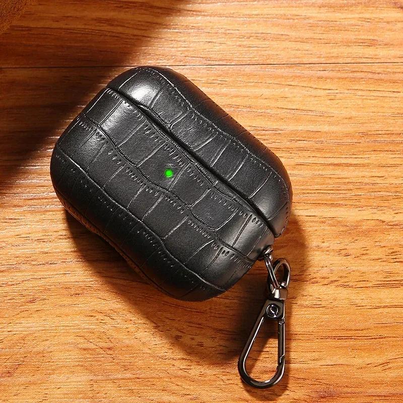 High-end Business Crocodile Premium Leather Earphone Case With Keychain For Apple AirPods 4 3 2/1 Pro 2 Drop-Proof Headset Cover