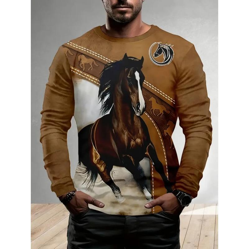 Men's T-Shirt Running Horse Graphic 3D Print Fashion Long Sleeve Crew Neck Unisex Tee Shirt Casual Summer Personality Men's Top