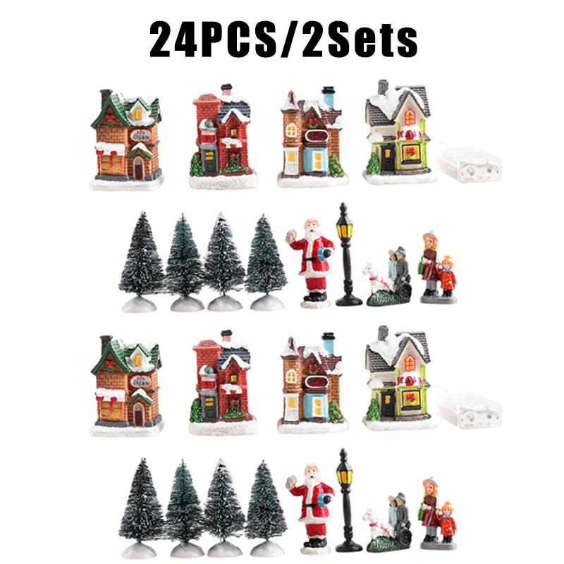 Holiday Landscape Decor Set Christmas Resin Miniature Houses with Light Up Village Collection for Tabletop Display