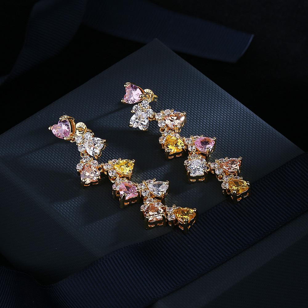 copper Exquisite Zircon Color Love Long Earrings Tassel Luxurious Temperament Colorful Zircon Stud Earrings Party Gift