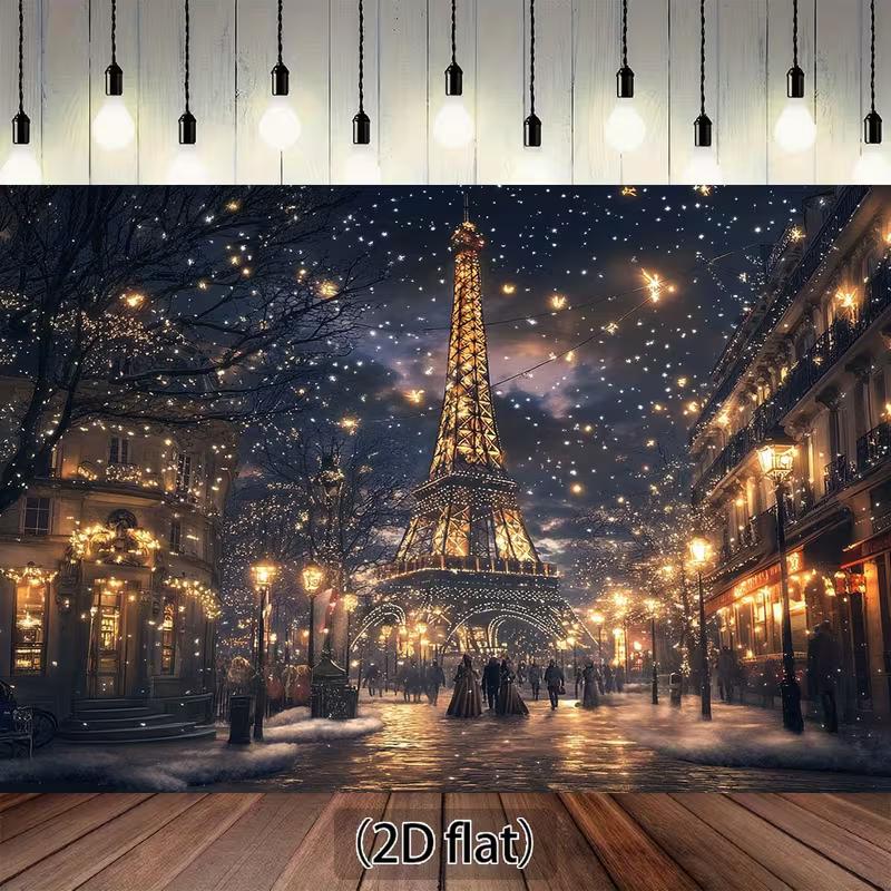 

2D Paris Winter Backdrop, Eiffel Tower at Night with Snow and Lights 47.2x31.5inch/120*80cm