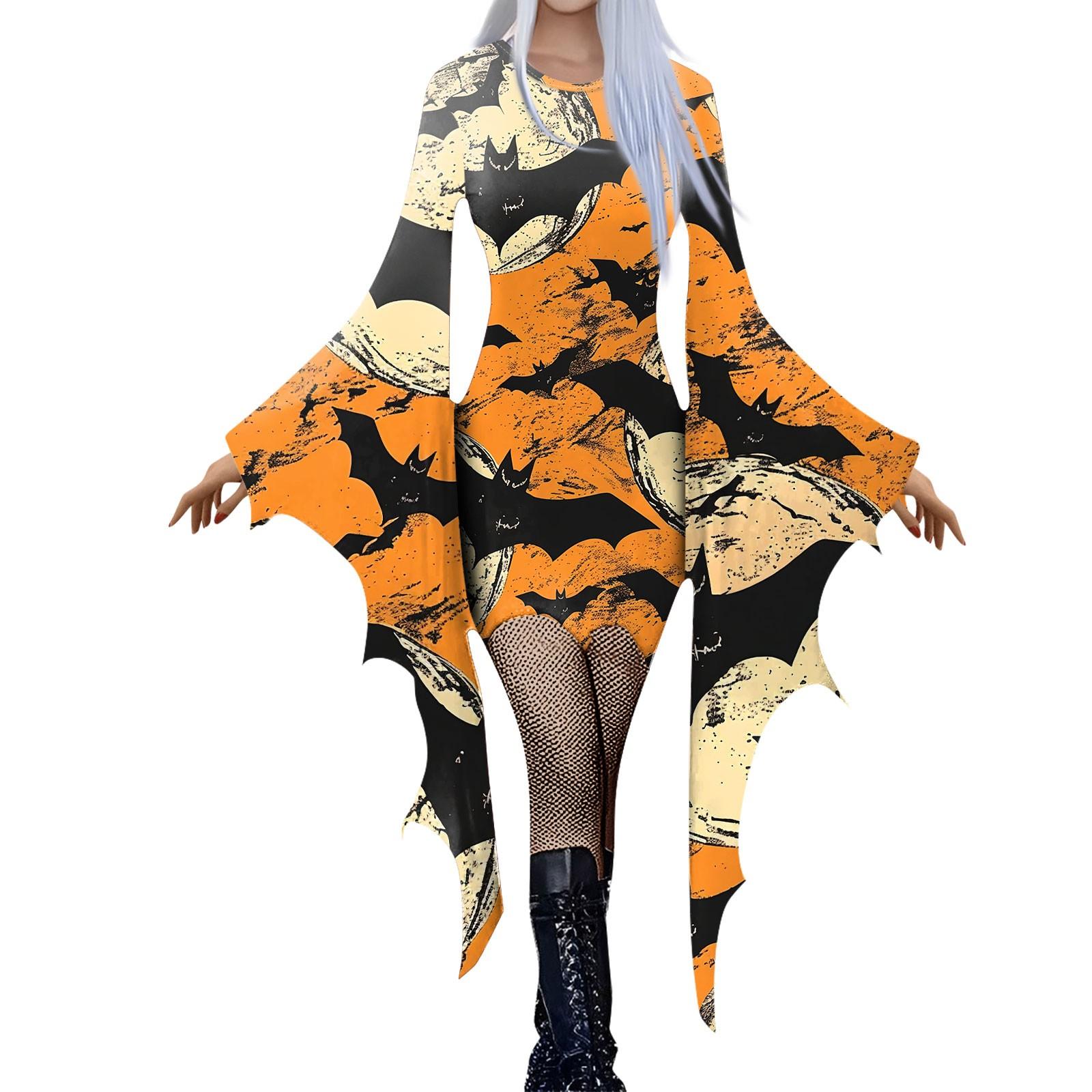 

Женская мода готический панк летучая мышь рукав 3D милый принт Хэллоуин нестандартное вечернее платье L оранжевый