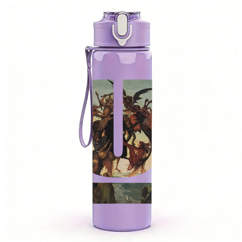 1PC Vertical U Shape Band Graphic Print 750ml Colorful Plastic Sports Water Bottle Leakproof Pop Lid with Straw for Outdoor Office Home Use
