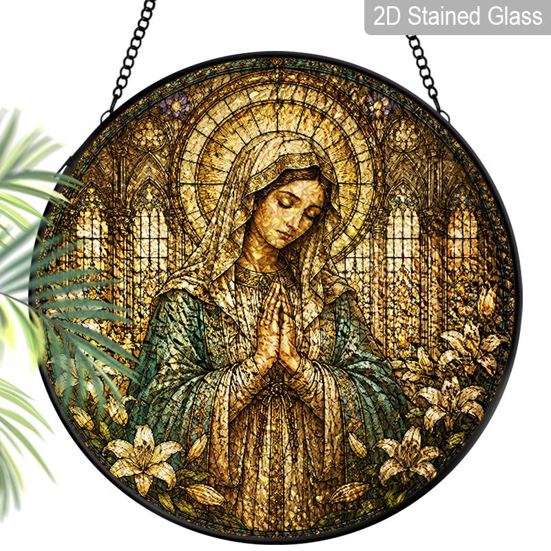 2D Flat ReligiousStained Glass Suncatcher, 6.3/7.87 Inch Religious Madonna Suncatcher, Pray Christmas Stained Glass Window Hanging Ornament