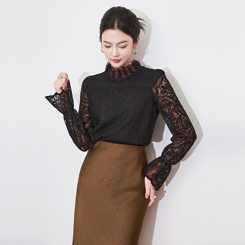 

Элегантная женская рубашка с вышивкой, оборками и воротником-стойкой Medium чёрный