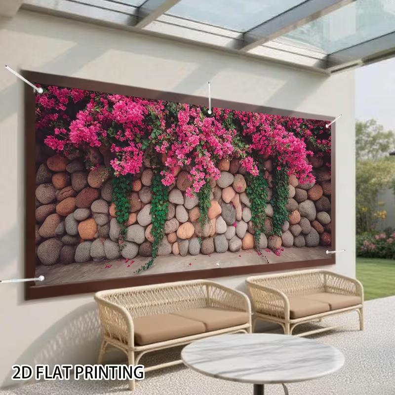 2D Rustic Round Stone Wall Climbing Pink Flower Patio Background 47.2x31.5inch/120*80cm