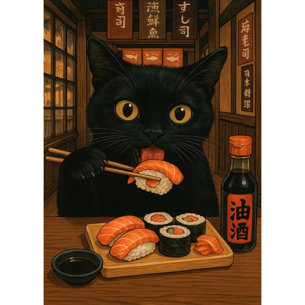 

Black Cat Reading in Cozy Bed Orange Cat Cherry Blossom Lotus Landscape Canvas Painting Print Wall Art Picture Room Home Decor 21X30CMNo Framed