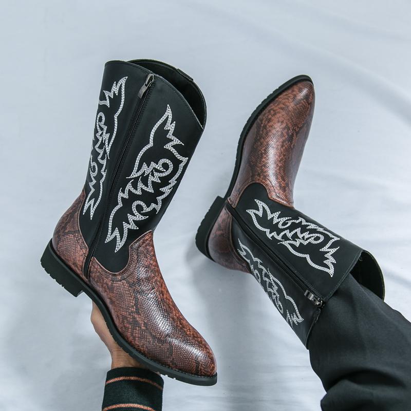 Men’s Pointed Toe Embroidered Western Cowboy Boots Casual Retro Dress Leather Men’s  Mid-calf Boots Plus Size
