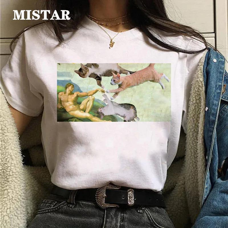T-shirts Women Cat Oil Painting Printed Funny Graphic Tee Shirt Summer Short Sleeve Casual White Tops Harajuku Clothing