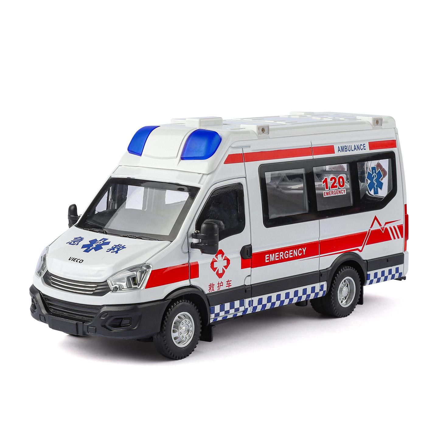 

1:24 IVECO Trolley Ambulance Sound and Light Pull-back Car Children s Toy Ornament Simulation Alloy Car Model