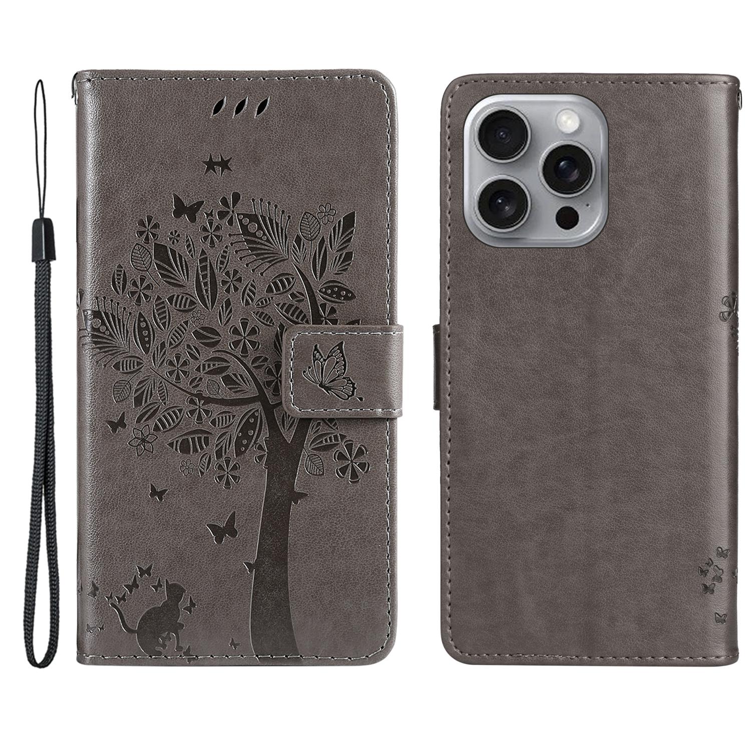

For iPhone 16 Pro Max Phone Case with Stand Cat Tree Pattern Leather Wallet Mobile Cover Grey
