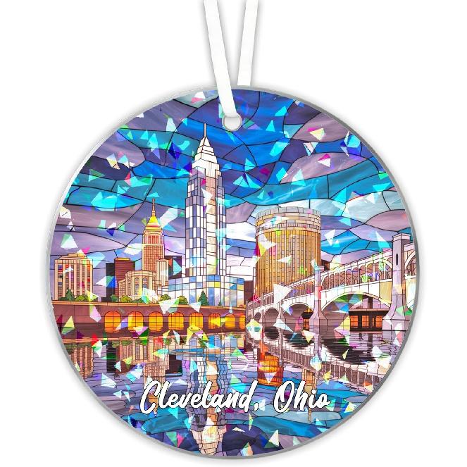 Cleveland Ohio Stained Glass Ornament, Hologram Suncatcher with 2-Sided Printing, Broken Glass Style Acrylic Tree Decoration, Hanging Car & Window