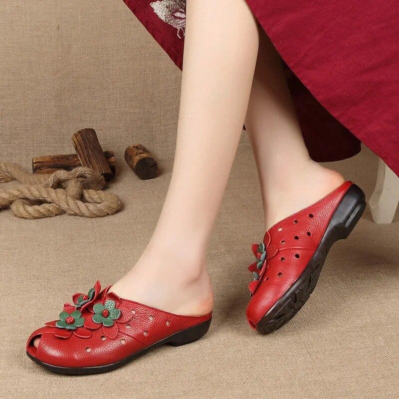 2026 Summer Genuine Leather Shoes Women Sandals Old Beijing Style Flat Shoes Tiny Flowers Shoes Black Red Plus Size 42