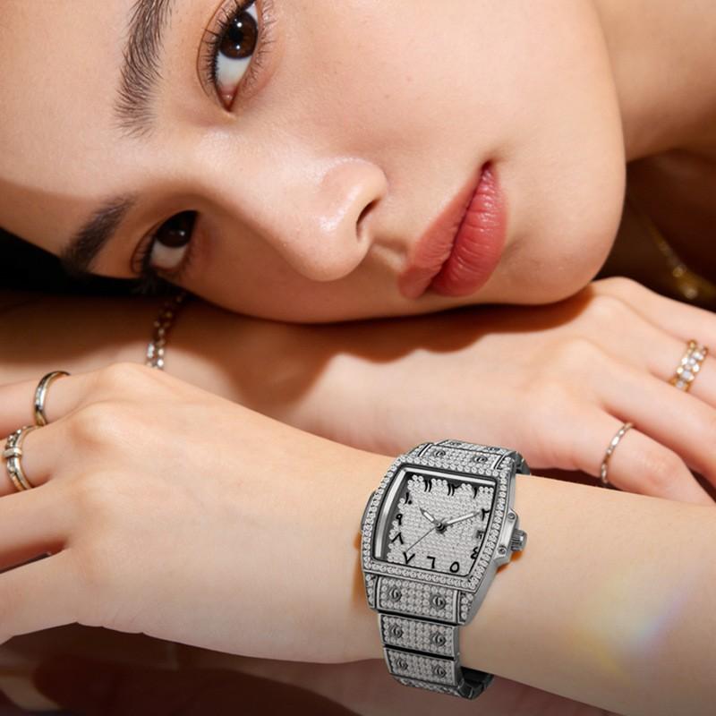 Ladies Unique Arabic Scale Watch Full Diamond Encrusted Tonneau Watch Male Luxury Bling Dress Watch Waterproof