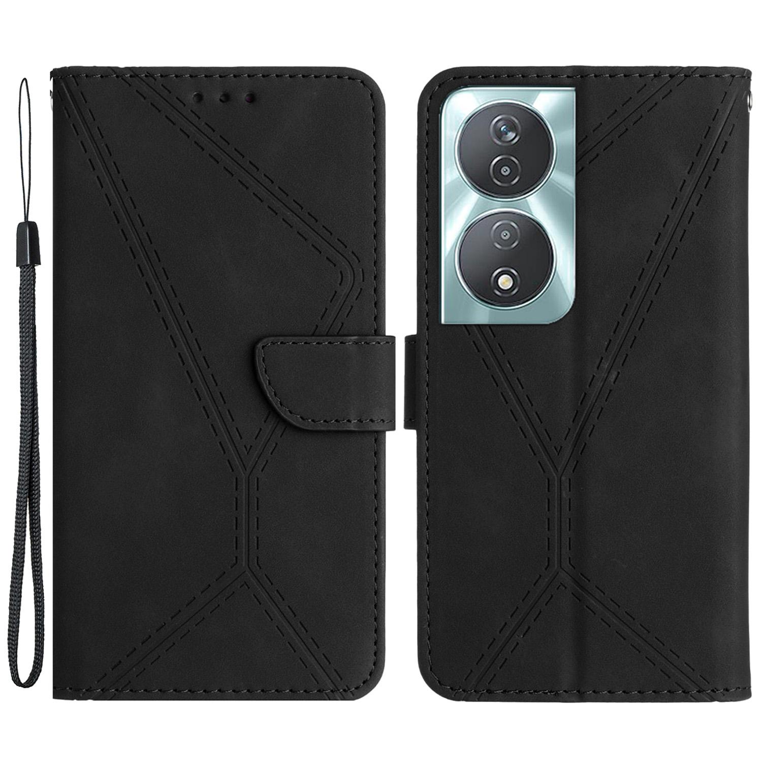 

HT05 For Honor 90 Smart/X7b 4G Magnetic Phone Case Lines Imprinted Leather Flip Stand Cover Black