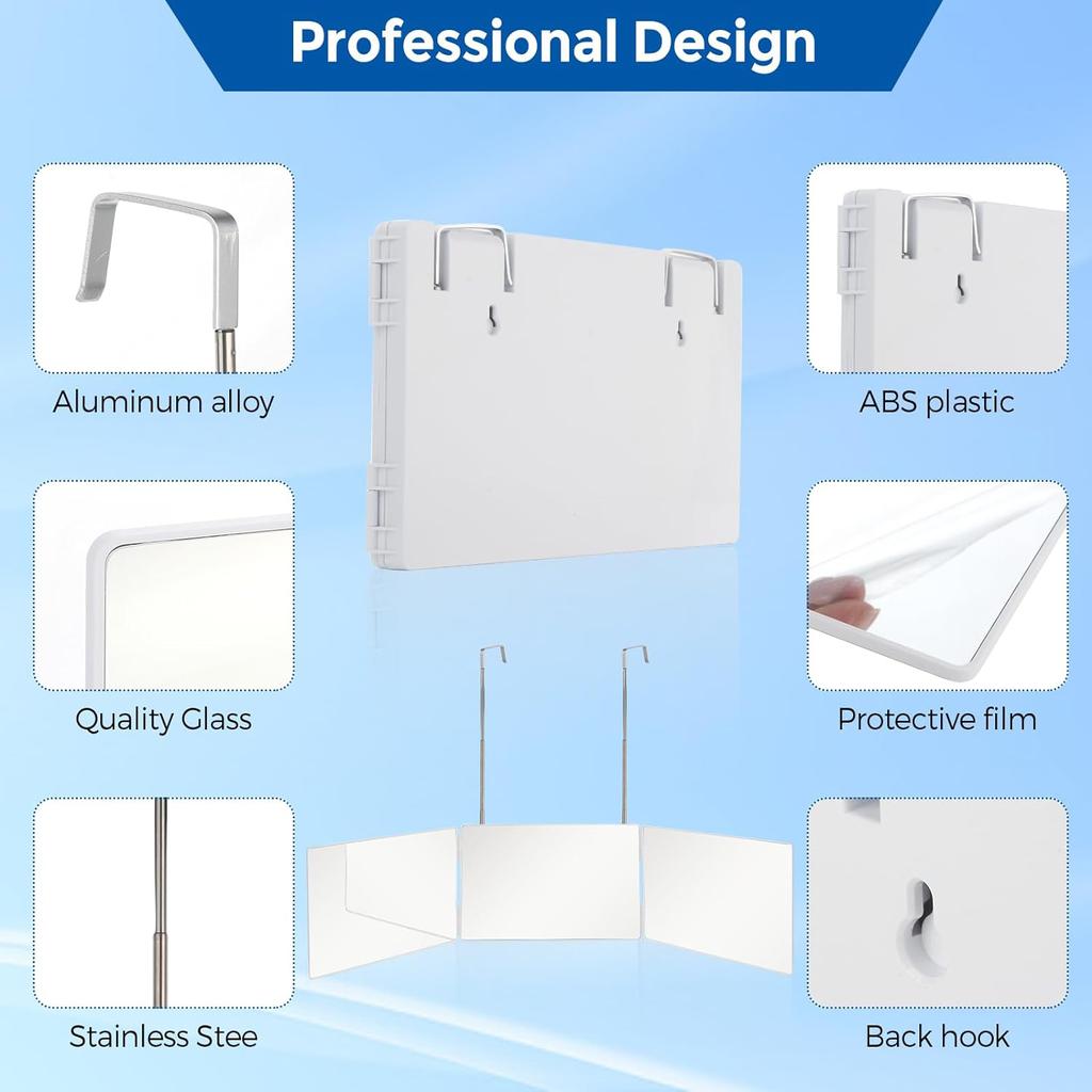 Trifold Shaving Mirror with Height Adjustable Telescoping Hooks for Self Hair Cutting Makeup Essential Fordable Portable White