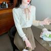 New 2024 Fashion Winter Long Sleeve Lace Up Ruffled Collar Slim Ruffles Velvet Lace Blouse Shirt Women Tops Blouses Shirts J799