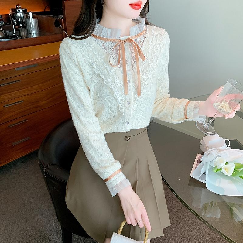 New 2024 Fashion Winter Long Sleeve Lace Up Ruffled Collar Slim Ruffles Velvet Lace Blouse Shirt Women Tops Blouses Shirts J799