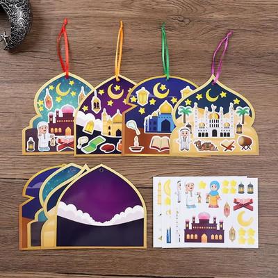 36Pcs Cartoon Eid Mubarak Hanging Decoration Ramadan Moon Star DIY Handicrafts Eid DIY Stickers with Lanyard Multicolored