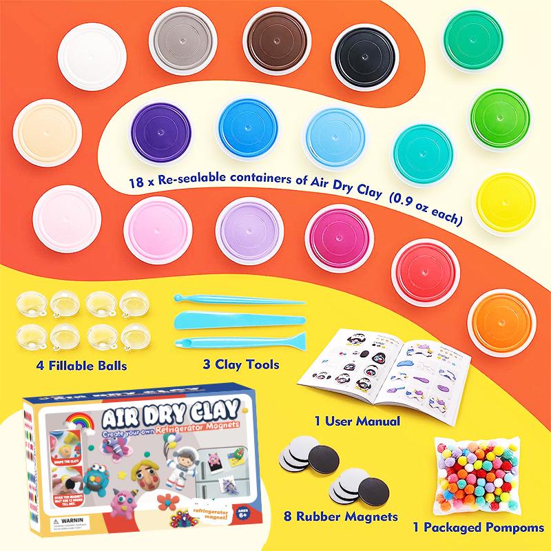 Handmade DIY Clay Refrigerator Magnet Set - 18 Colors Modeling Clay for Kids